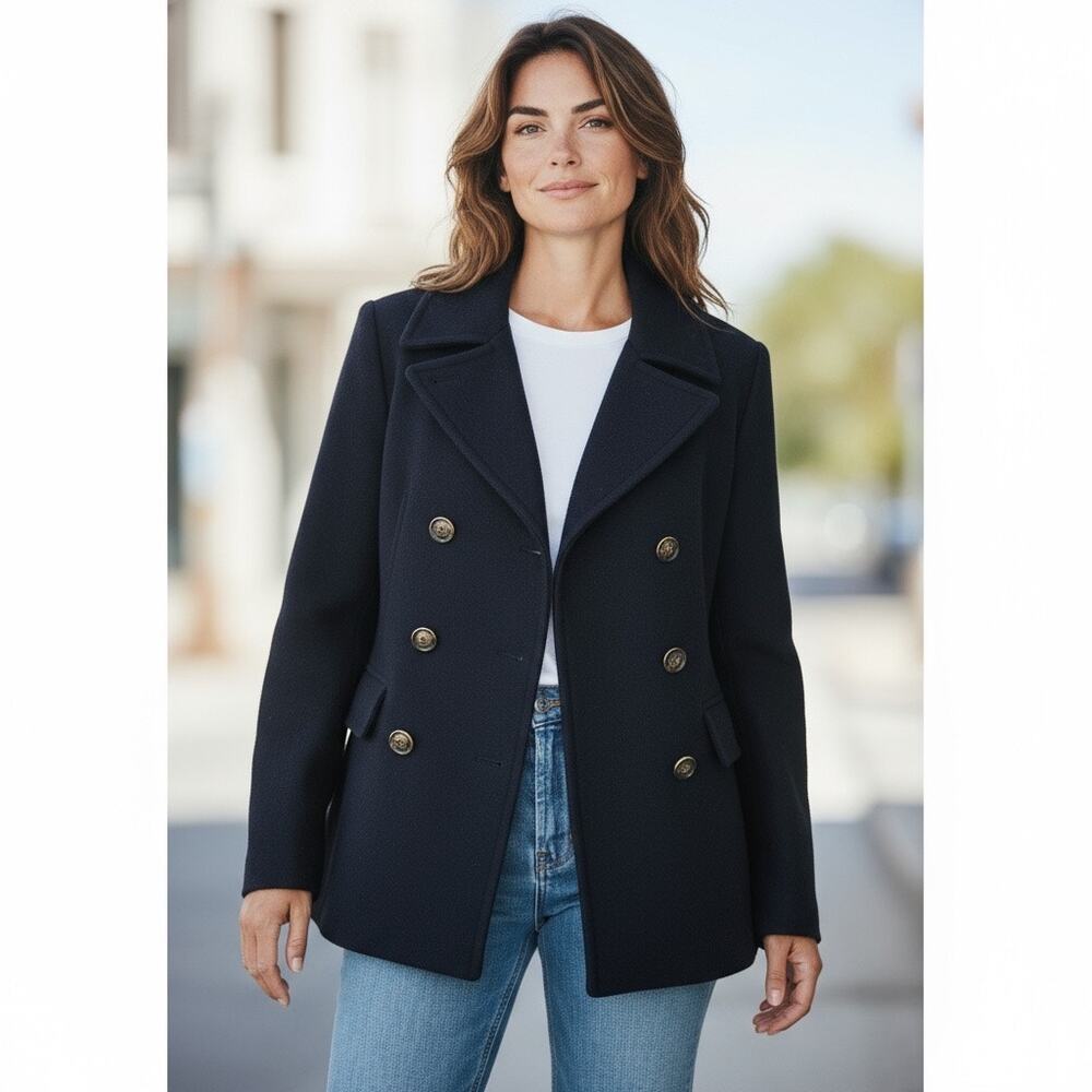 Pea Coat Old Navy Size Med Mid-Length Jacket Buttons Pockets Black Wool Blend